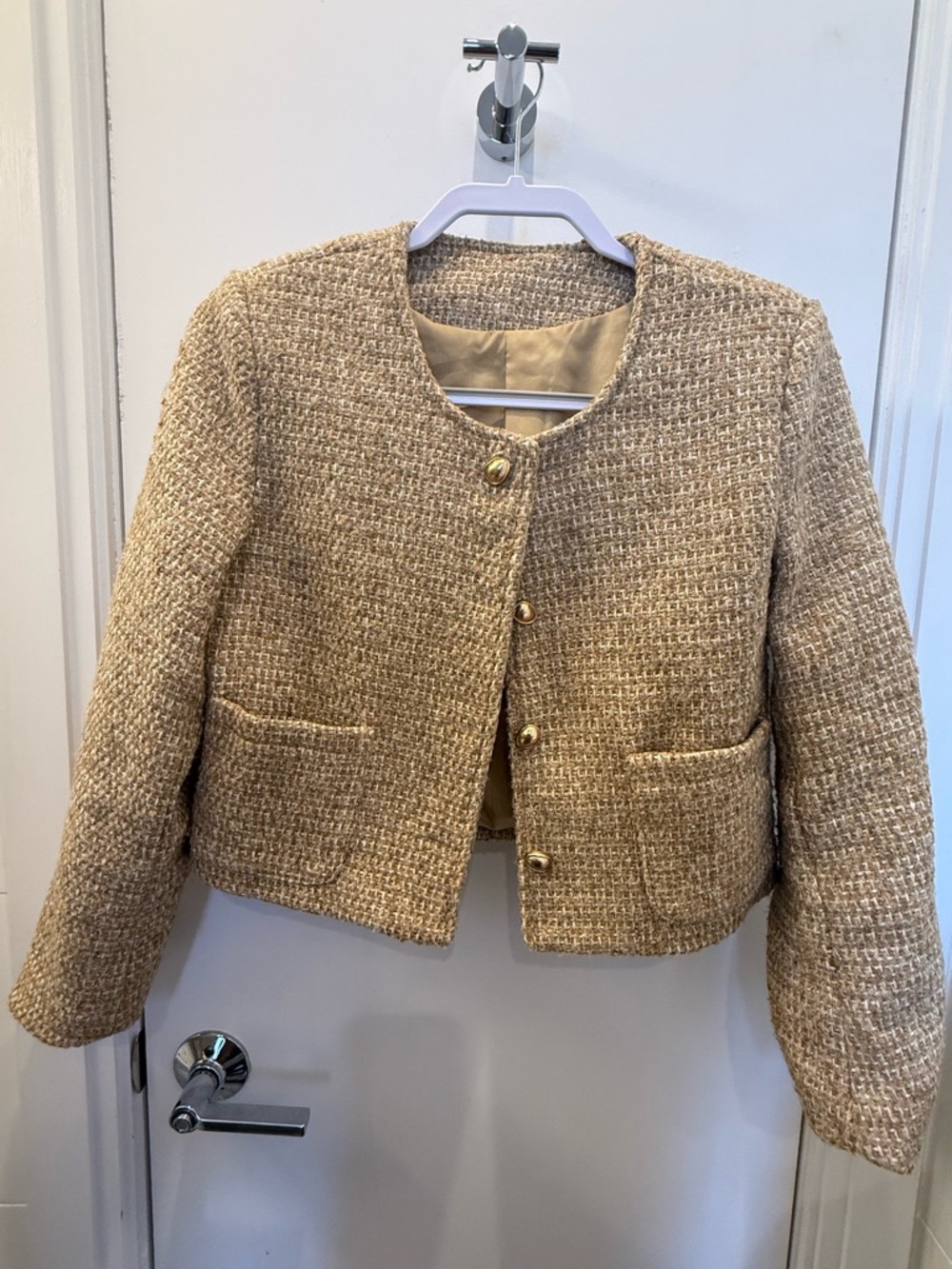 Cropped Cream Bouclé Jacket with Gold Buttons